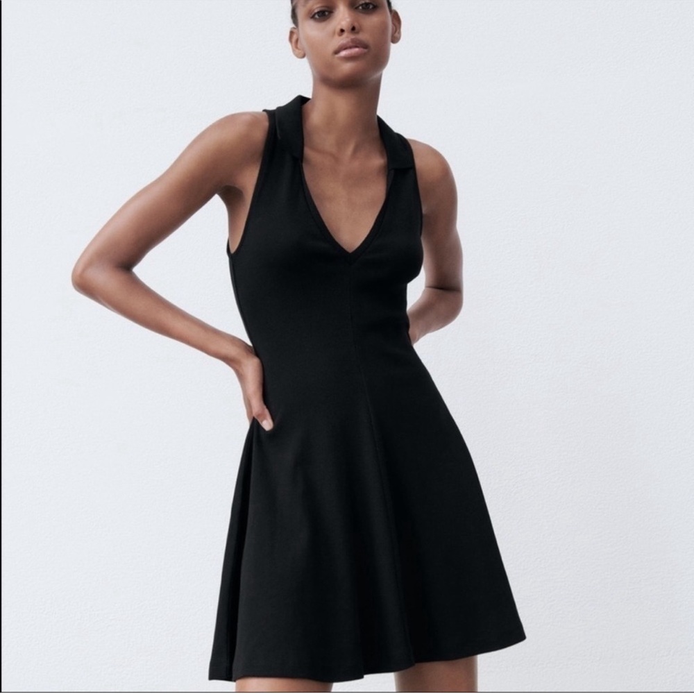Zara Lapel Collared Ribbed Black Dress